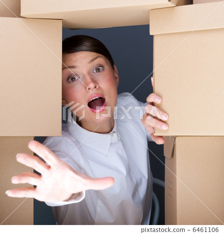 Portrait of young woman surrounded by lots of boxes. Lots of wor 6461106