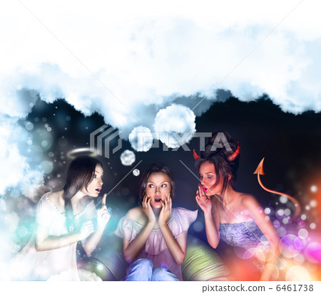 Pretty woman sitting at home. Angel and Devil talking o her tryi Pretty woman sitting at home. Angel and Devil talking o her tryi 6461738