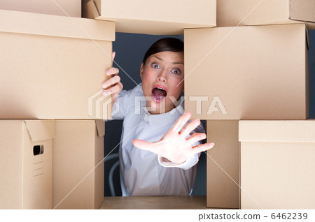 Portrait of young woman surrounded by lots of boxes. Lots of wor 6462239