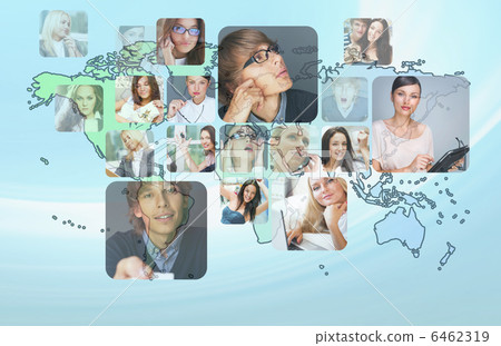 Graphic design background. World map and photo of different peop 6462319