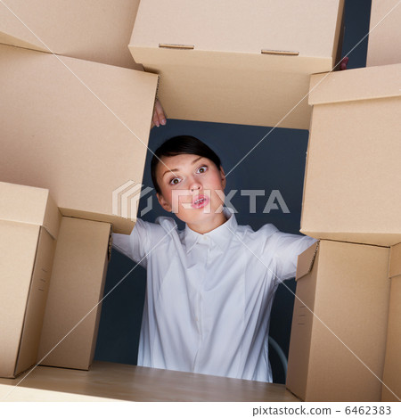 Portrait of young woman surrounded by lots of boxes. Lots of wor 6462383