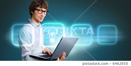 Business man holding laptop and working with virtual interface. Merge of technologies concept Business man holding laptop and working with virtual interface. Merge of technologies concept 6462650