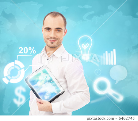 Business man working with his modern computer and virtual interf Business man working with his modern computer and virtual interf 6462745
