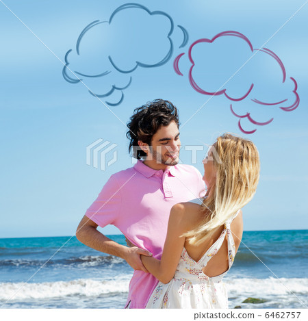 Young couple at beach, embracing, side view. Natural emotions. H Young couple at beach, embracing, side view. Natural emotions. H 6462757