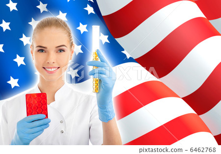 Portrait of female doctor or scientist showing and analyzing liq 6462768