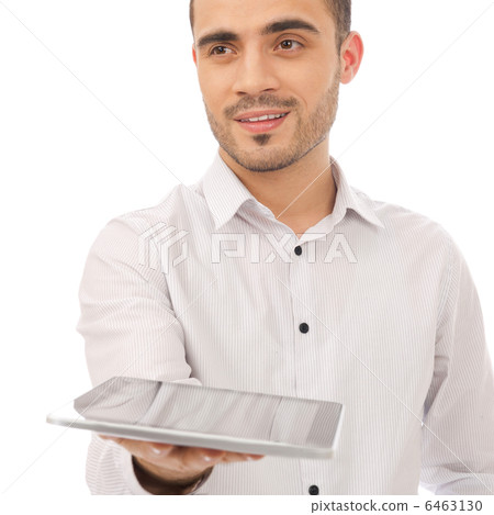 Handsome smiling man with tablet computer. Isolated over white b 6463130