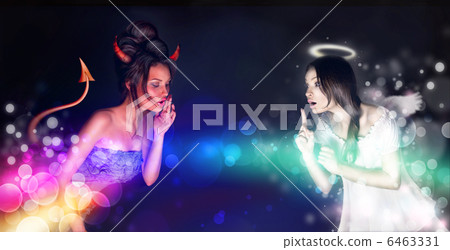 Portrait of angel and devil girls and copyspace between them. 6463331