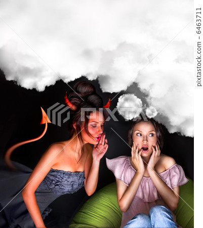 Young woman sitting at home and seductive devil coming to her an Young woman sitting at home and seductive devil coming to her an 6463711