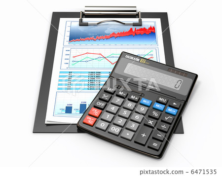 Business concept. Calculator, diagram, grapics and spreadsheet. 6471535