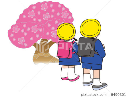 Elementary school students with cherry blossoms and school bags 6490801