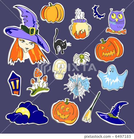 Vector illustration of Halloween stickers on violet background Vector illustration of Halloween stickers on violet background 6497183