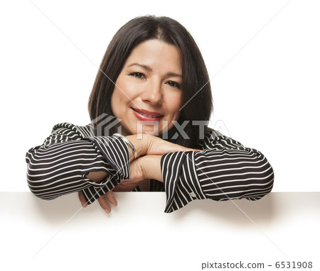 Attractive Mixed Race Woman Leaning on Blank White Sign Attractive Mixed Race Woman Leaning on Blank White Sign 6531908
