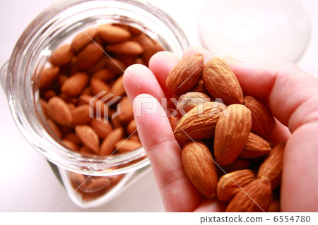 杏仁罐和杏仁在手（白色背景） 6554780