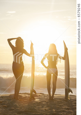 Beautiful Bikini Women Surfers & Surfboards At Beach 6579246