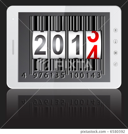 White tablet PC computer with 2014 New Year counter, barcode iso 6580392