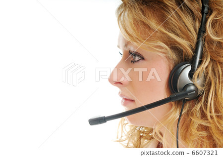 business blonde woman with headset 6607321