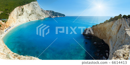 Porto Katsiki beach summer sunshine panorama (Lefkada, Greece) 6614413