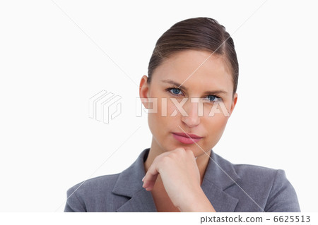 Close up of tradeswoman in thinkers pose 6625513