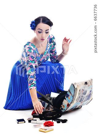 pinup retro woman with travel bag isolated 6637736