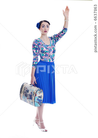 pinup retro woman with travel bag isolated 6637863