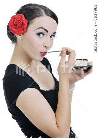 pinup retro woman with travel bag isolated 6637962