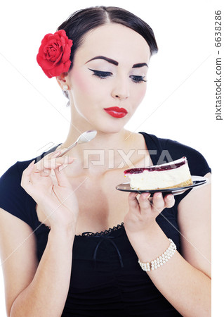 pinup retro woman with travel bag isolated 6638286