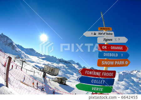 Sign board at High mountains under snow in the winter Sign board at High mountains under snow in the winter 6642455