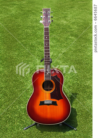 Acoustic guitar on background of green grass. 6645687