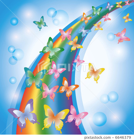 Light colorful background with rainbow and butterflies, decorate 6646379