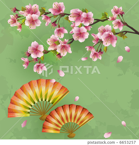 Vintage Japanese background with sakura and fans Vintage Japanese background with sakura and fans 6653257