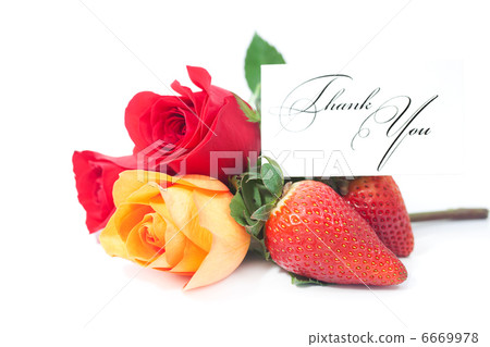 bouquet of colorful roses,card with the words thank you and stra 6669978