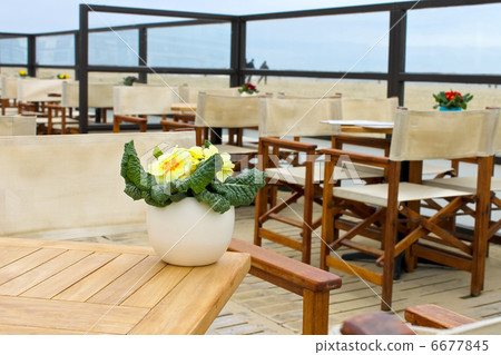 Spring on the coast. Flowers on the table in a street cafe in Th Spring on the coast. Flowers on the table in a street cafe in Th 6677845