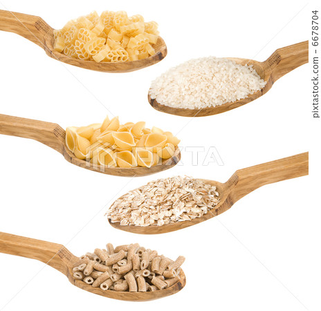 pasta and rice in wooden spoon isolated 6678704