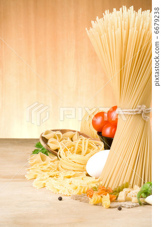 pasta and food ingredient on wood background pasta and food ingredient on wood background 6679238