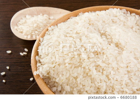 uncooked rice in bowl with spoon on wood 6680188