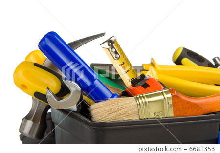 set of tools and instruments box isolated on white 6681353