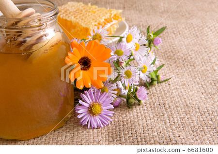 honeycomb, flowers and honey in pot 6681600