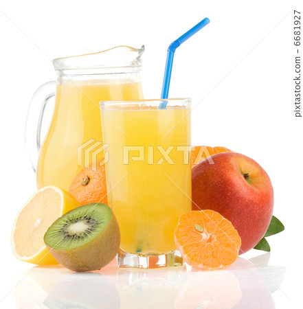 fresh fruits juice in glass and slices on white 6681927