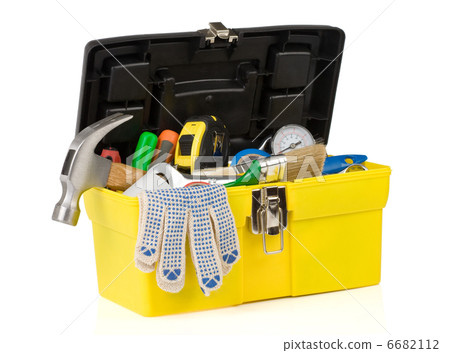 set of tools on toolbox isolated at white 6682112