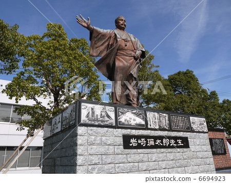Bronze statue of Iwasaki Yatarou looking up at the blue sky 6694923