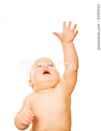 Beautiful toddtled with outstretched hand isolated on white back Beautiful toddtled with outstretched hand isolated on white back 6705032