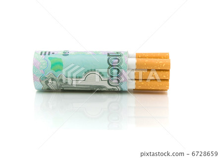 Cigarettes and money on a white background close-up 6728659