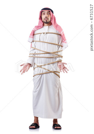 Arab man tied up with rope on white 6731527