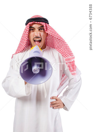 Arab man shouting through loudspeaker Arab man shouting through loudspeaker 6734388
