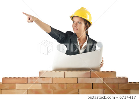 Businesswoman with drawings near brick wall Businesswoman with drawings near brick wall 6734417