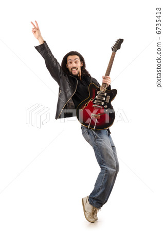 Young man playing guitar on white 6735418