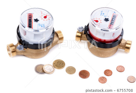 Concept, a symbol of savings, two meters of water and euro cents 6755708
