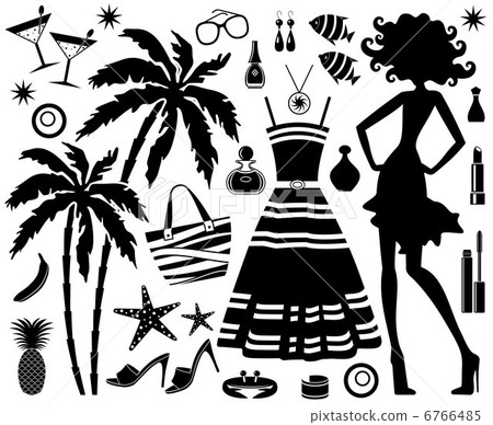 Fashionable set of tropical rest with silhouette of woman Fashionable set of tropical rest with silhouette of woman 6766485