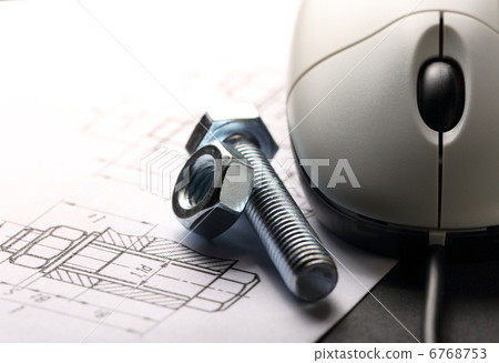 Drafting, mouse and screw bolt with nut Drafting, mouse and screw bolt with nut 6768753