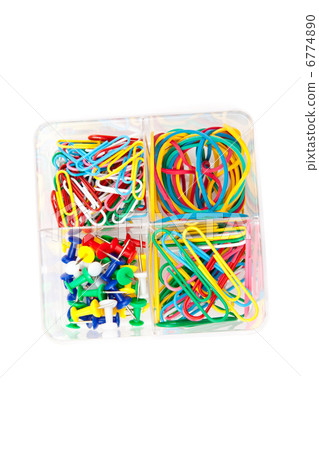Box of multicolored of pushpins paperclips and elastics Box of multicolored of pushpins paperclips and elastics 6774890